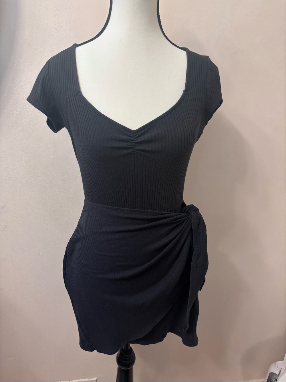 Abercrombie & Fitch Black Ribbed Wrap Mini Dress